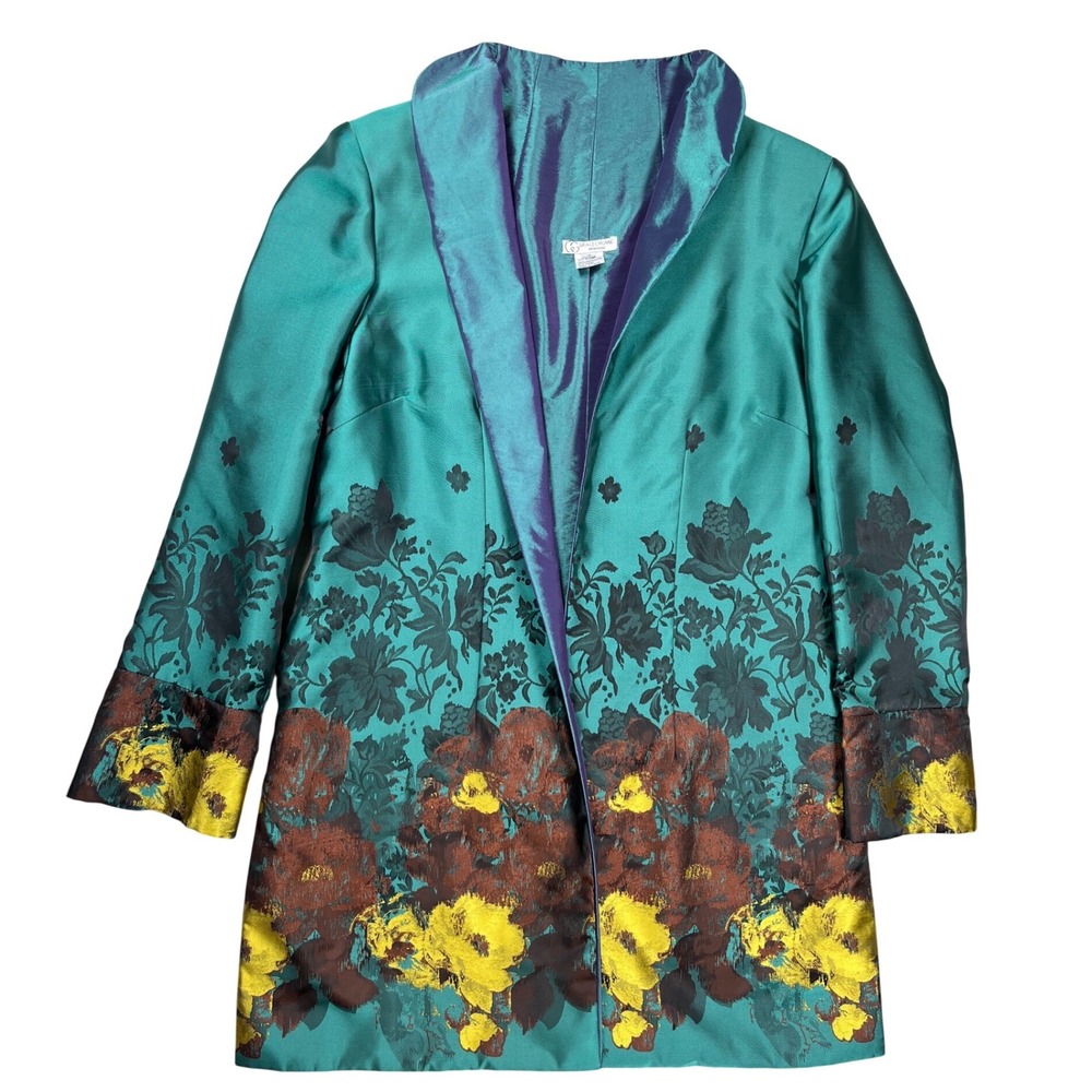 Grace Chuang Evening Coat Women 8 Teal Floral Iridescent Art To Wear Avant Garde